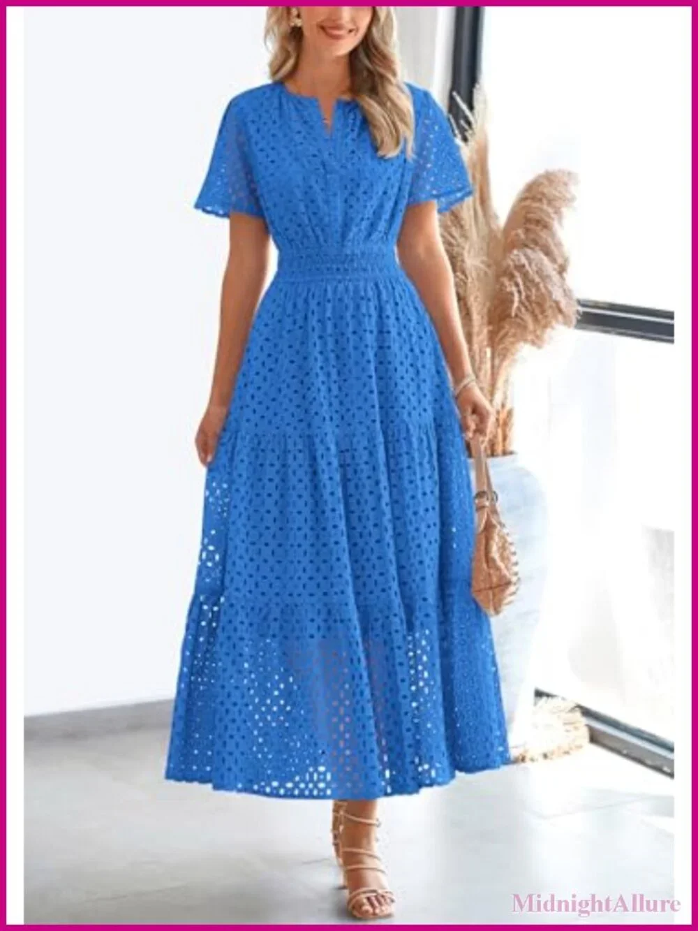 Women's Eyelet Maxi Dress Boho Smocked Waist Short Sleeve V Neck A-Line Flow